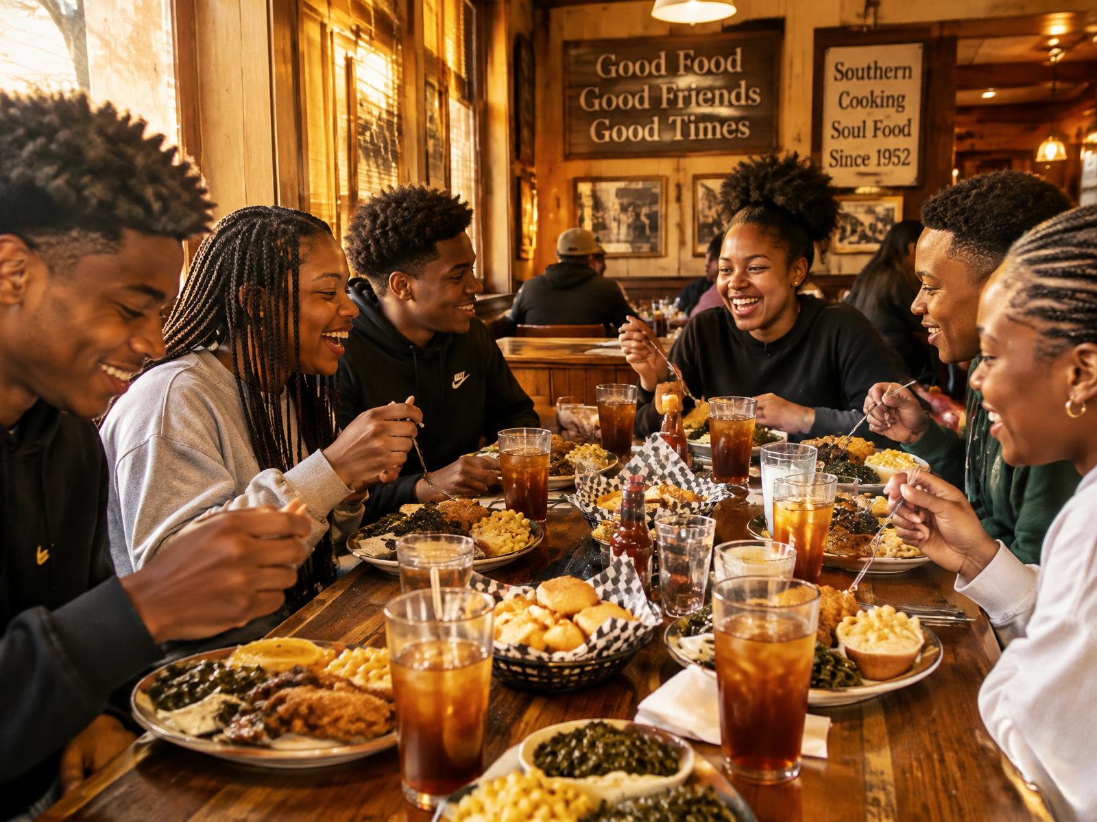 Students laughing over a shared meal
